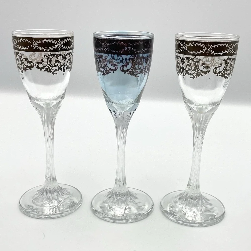 Vintage 1960s Italian Platinum Overlay Cordial Liquor Glasses Set of 3 Decorated